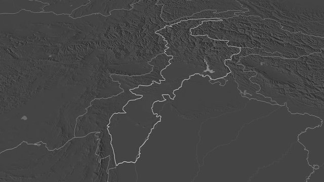 N.W.F.P., province with its capital, zoomed and extruded on the bilevel map of Pakistan in the conformal Stereographic projection. Animation 3D