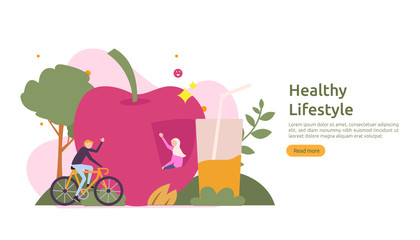 active healthy lifestyle habits concept. Dieting food nutrition illustration with character. sport exercising and training outdoor workout for web page, presentation, social promotion or print media