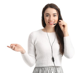 Beautiful young woman with headset on white background