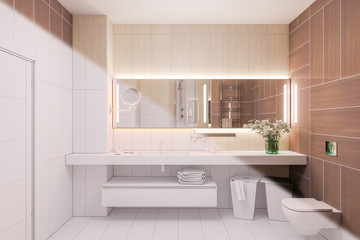 Fototapeta na wymiar 3d render interior design of a modern bathroom with a large mirror