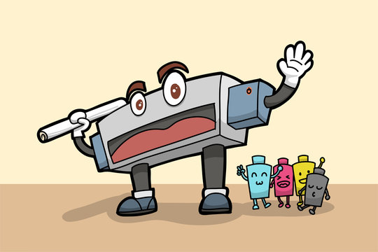 A team of Printer and CMYK ink bottles. Drawing vector with layers of cartoon. Industry machine but soft and cute by comic style.