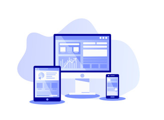 Simple modern flat style vector illustration of different devices- computer, tablet and smartphone. Creative design for layouts, web pages, banners, landing pages. Digital marketing.