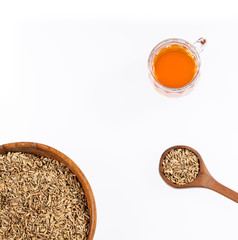 Foeniculum vulgare - Herbal tea fennel tea in glass cup with dried fennel seeds