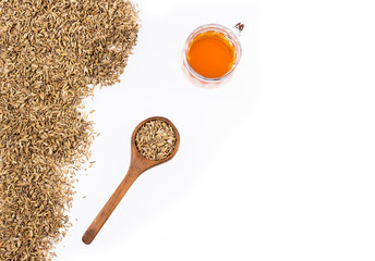 Infusion of fennel seeds - Foeniculum vulgare. White background