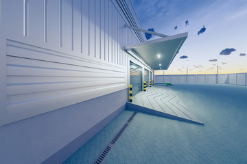 Obraz premium Industrial or commercial building. Use as factory, warehouse, hangar and workplace. Protection with security door, roller door or roller shutter. Outdoor floor paving with brick stone. 3d render.