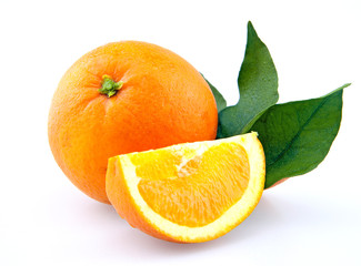 Orange with leaves over white