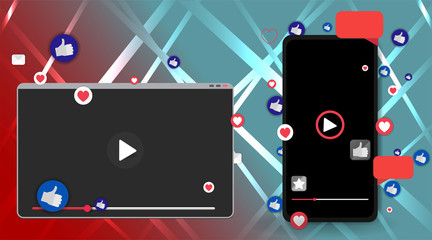 Video screen play button, Streaming preview template, 3d with likes and hearts, happy live, social media concept with media icons