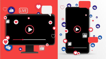 Video screen play button, Streaming preview template, 3d with likes and hearts, happy live, social media concept with media icons