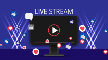 Video screen play button, Streaming preview template, 3d with likes and hearts, happy live, social media concept with media icons