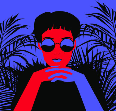 Bohemian Artsy Hipster Woman Surrounded By Palm Leaves. Fashion Vector Illustration In Minimalist Simple Style.