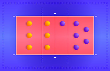 Volleyball court with a tactical scheme of the arrangement of players of two teams on the playground, plan of a game diagram for a fantasy league coach board