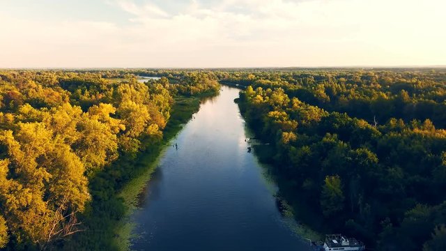 The calm clean river flows between green trees. Aerial view