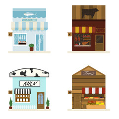 Set of stores and shop building. seafood, meat,  beef, milk, dairy, fruit. vector illustration.