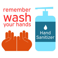 Remember hand washing with soap or hand sanitizer icon. Lettering Wash Your Hands. Hand drawn vector illustration of black color, isolated on white background.