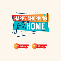 Obraz premium Happy Shopping From Home Logo Label Tag Vector Template Design Illustration
