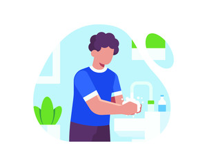 Fototapeta na wymiar Coronavirus Prevention Illustration. A Man Washing His Hands In The Sink Using Soap.
