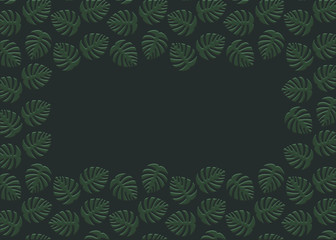 Monstera leaves frame on dark green background.