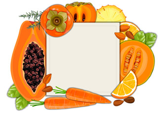 Collection of fresh orange color vegetables and fruits raw on white background