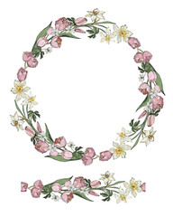   wreath of flowers isolated on pink background, brush