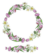  vector  wreath of flowers isolated on pink background, brush