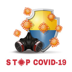 Respirator and coronavirus bacteria on the background of a shield with the image of the flag of Ukraine. Stop coronavirus Covid-19 concept design. Vector illustration