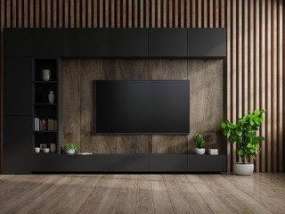 TV on cabinet in modern living room with lamp,table,flower and plant on wooden wall background.