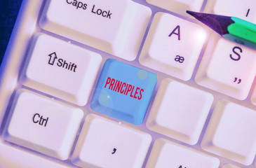 Text sign showing Principles. Business photo text fundamental truth that serves as the base for a...