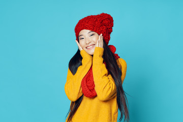 Cheerful beautiful woman smile charm Little Red Riding Hood scarf lifestyle