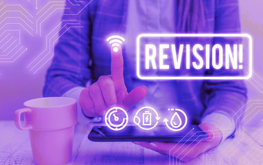 Text sign showing Revision. Business photo text action of revising over someone like auditing or...