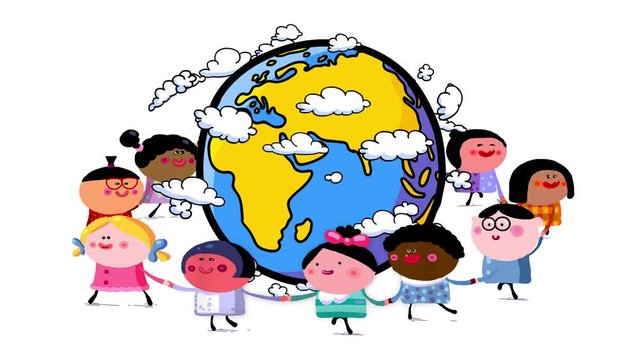 Children day or Earth day. Happy children of different nations and skin colour dancing together in a circle holding their hands around the earth globe with cute clouds – seamless loop.