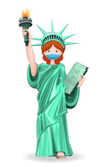 Little girl dressed as a statue of liberty and in a medical mask. Vector illustration isolated on white
