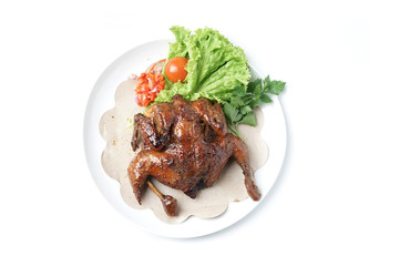 Whole grilled chicken Idonesia homemade tradition festival food isolated on white