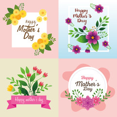 set cards of happy mother day with flowers decoration vector illustration design