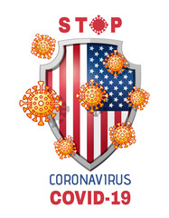 Respirator and coronavirus bacteria on the background of a shield with the image of the USA flag. Stop coronavirus Covid-19 concept design. Vector illustration