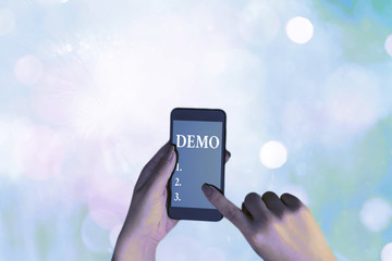 Writing note showing Demo. Business concept for Demonstration of a product techniques and...