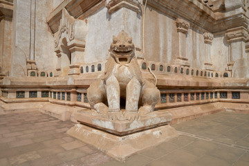 Sculpture of a guardian lion in the Ananda Temple, old Bagan, Myanmar, Burma.