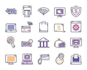 computers and mobile banking icon set, line color style