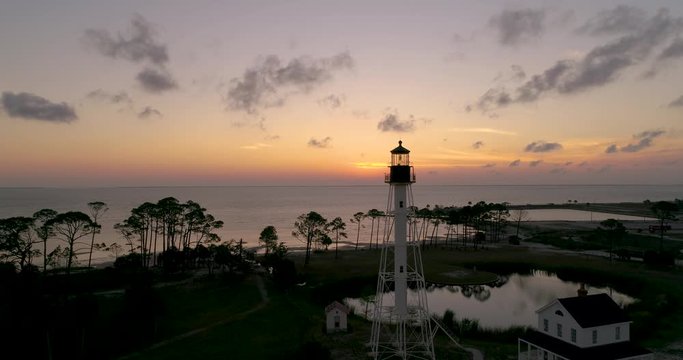 Aerial view of Cape San Blas lighthouse at sunset in Florida