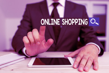 Writing note showing Online Shopping. Business concept for consumers directly buy goods from a seller over the Internet Male human wear formal clothes present use hitech smartphone
