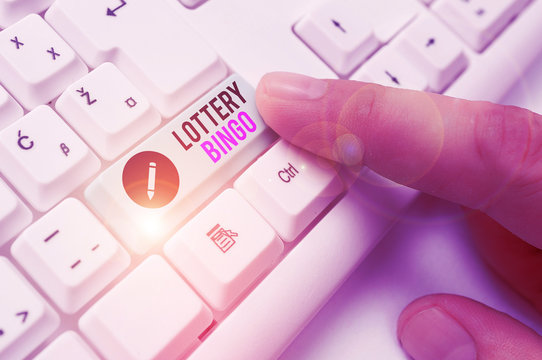 Word writing text Lottery Bingo. Business photo showcasing game of chance in which each player matches numbers printed