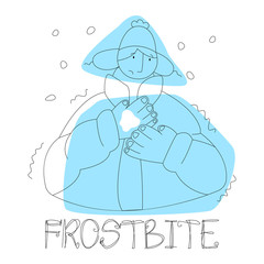 Vector flat illustration with abstract person who is shivering from cold, his hand is damaged by frostbite. Concept prevention of cold injuries, proper clothing in cold weather.