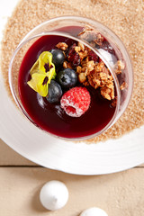 Berry Panna Cotta with Currant-Cointreau jelly in glass bowl