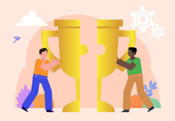Partnership, teamwork, cooperation. Two men combine pieces of one puzzle. Poster for social media, web page, banner, presentation. Flat design vector illustration