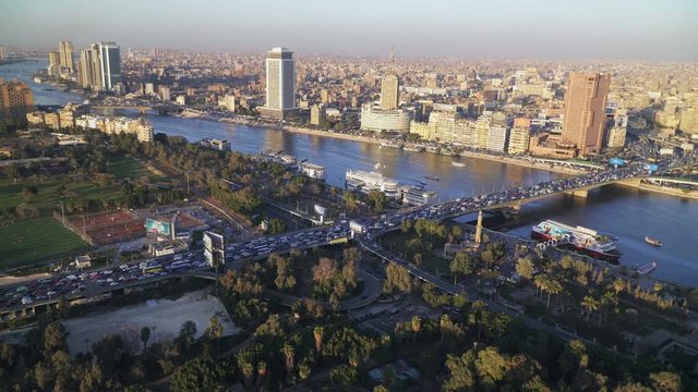 Aerial view of central Cairo at sunset, panning video