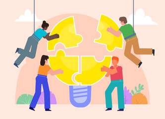 Group of people combine idea bulb shaped puzzle. Teamwork or cooperation concept. Poster for social media, web page, banner, presentation. Flat design vector illustration