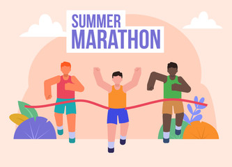 Group of people running and crossing finish line. Summer marathon poster for social media, web page, banner, presentation. Flat design vector illustration