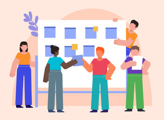 Brainstorming, planning or meeting concept. Group of people stand near whiteboard talking and discussing. Poster for social media, web page, banner, presentation. Flat design vector illustration