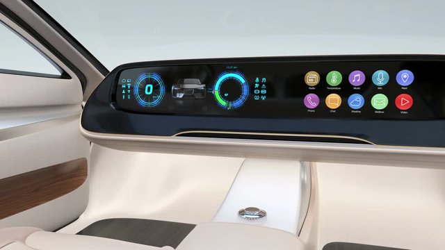 Interior of self-driving electric car equip with wide digital multimedia screen. Generic design. 3D rendering animation.
