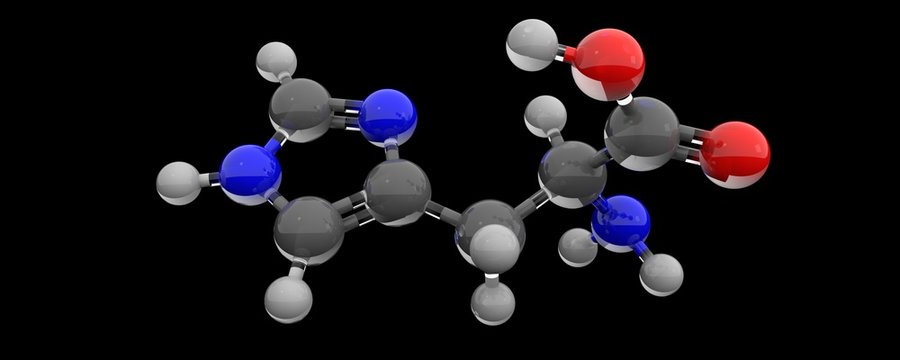 Molecular structure of Histidine amino acid, 3D ball and stick chemical model, scientific protein building block on black background