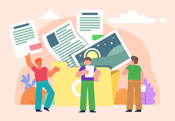 Group of people or team search for files in folder. Files archive concept. Poster for social media, web page, banner, presentation. Flat design vector illustration